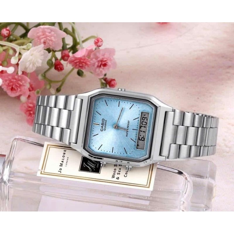 [Chính Hãng 100%] Đồng Hồ Nữ Casio AQ-230-2A1 Máy Quartz (Pin) Kính Nhựa Mặt Chữ Nhật Siz 38x30 Dây 