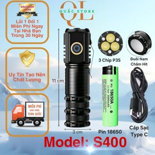 Đèn pin mini siêu sáng s400 tiện gọn cầm tay, cài mũ đội đầu, hút nam châm, chống nước