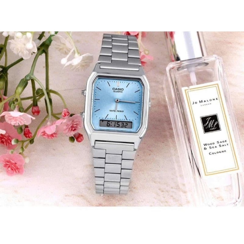 [Chính Hãng 100%] Đồng Hồ Nữ Casio AQ-230-2A1 Máy Quartz (Pin) Kính Nhựa Mặt Chữ Nhật Siz 38x30 Dây 