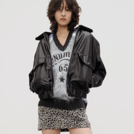 áo da Zara made in Morocco bomber túi hộp cổ lông cừu đen - nữ