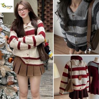Áo Cadigan Polo Lông Thỏ, Áo Khoác Len Cổ Bẻ Phối Kẻ Ngang Đỏ Xám Khuy Gỗ Phong Cách Noel, Tết Hàng Qccc Orangecloset