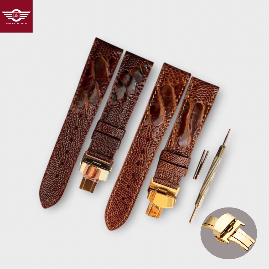 Dây Đồng Hồ Da Đà Điểu, Da Vảy Chân, Màu Đen/Nâu/Nâu Đỏ/Vàng Bò (SP gồm: Chốt, Khóa, Tool)