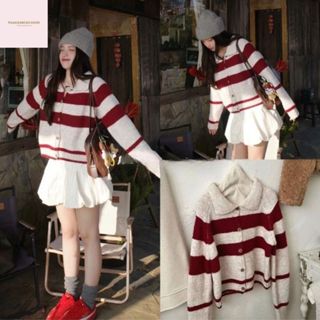 Áo Khoác Cadigan Lông Thỏ, Áo Len Polo Phối Kẻ Ngang To 2 Màu Đỏ Xám Cổ Bẻ Phong Cách Hàn Quốc Hàng Qccc Nanganhchuyensi