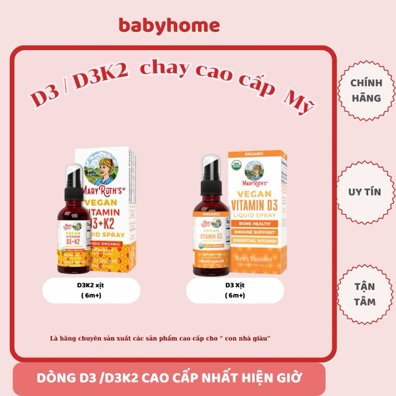 [Date 2026] Vitamin D3K2 , D3 Mary Ruth's dạng xịt, dạng giọt hữu cơ thuần chay cho bé 30ml babyhoe