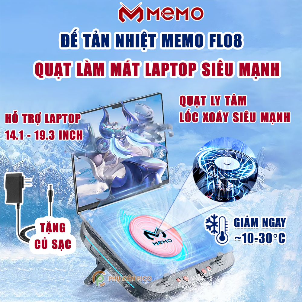 Quạt tản nhiệt laptop Memo FL08 tản khí nén turbo 2400RPM giảm nhiệt chuyên máy tính đồ họa gaming