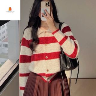 Áo Cadigan Cổ Bẻ Len Lông Thỏ, Áo Len Nữ Dệt Kim Phối Kẻ Ngang Đỏ Xám Cúc Gỗ Phong Cách Hàn Quốc Hàng Qccc Shopquacam