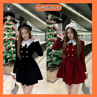 Đầm nhung tay dài phối 2 hàng cúc đồng phối cổ bèo trắng, váy nhung babydoll dáng xoè phối bèo cổ sen xinh xắn HV825