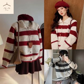 Áo Khoác Cổ Bẻ, Áo Cadigan Polo Len Lông Thỏ Mềm Mịn Phối Kẻ Ngang To 2 Màu Cúc Gỗ Phong Cách Hàn Quốc Matmatshop