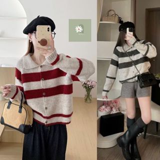 Áo Khoác Cardigan Cổ Bẻ, Áo Len Polo Dệt Kim Lông Thỏ Mềm Phối Kẻ Ngang To Cúc Gỗ From Lỡ Tay Dài Cổ Tròn Hàng Qccc Nvn