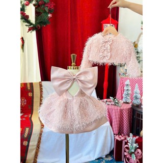 Set Váy Công Chúa Kèm Áo Khoác Váy Lông Vũ Nơ Lưng To Có Thể Tháo Rời, Đầm Công Chúa Bé Gái Lông Vũ Tiểu Thư