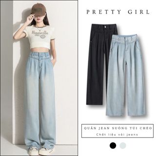 Quần jean nữ ống rộng cạp cao túi chéo hai màu xanh, đen cá tính năng động