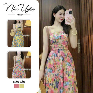 Đầm váy dài - Đầm hoa 2 dây dáng xòe xếp ly họa tiết hoa 2 màu tươi mát cho các nàng đi du lịch, đi biển, đi chụp ảnh