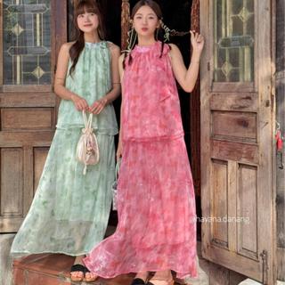  Set Yếm voan tơ LÃM THÚY ombre loang màu phối dây buộc cổ kèm chân váy hai lớp HAVANA AD134 