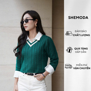 Áo Len Nữ Dáng Crop Top Cổ V SHEMODA Green Sweater Dệt Vắn Thừng Tôn Dáng