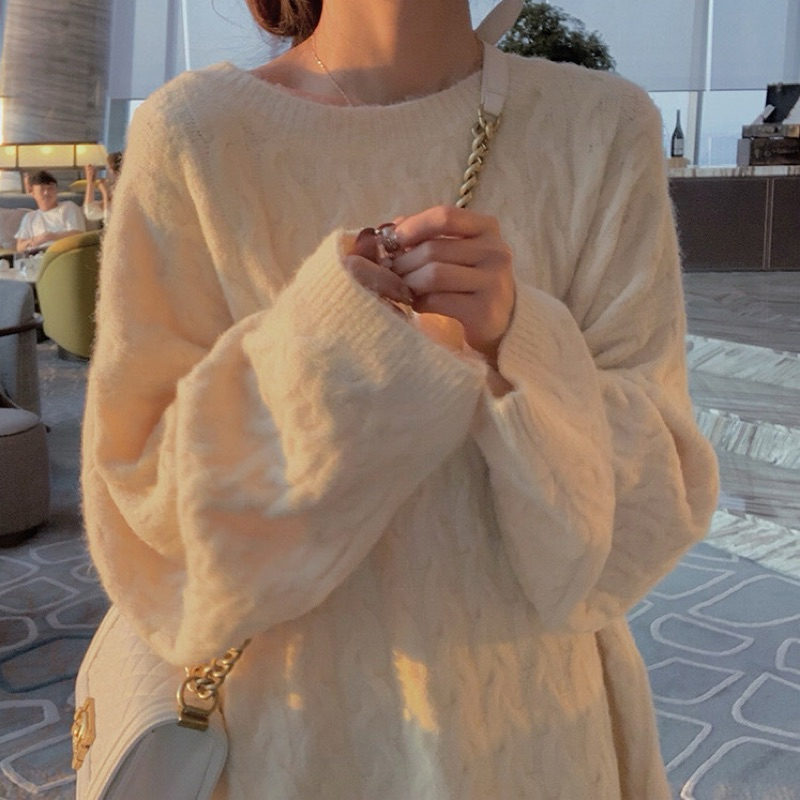 Áo len nữ vặn thừng màu be xanh tím loại 1 Quảng Châu dài tay cổ tròn dáng rộng mặc đi làm đi chơi chất đẹp Hàn Quốc