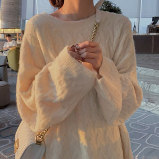 Áo len nữ vặn thừng màu be xanh tím loại 1 Quảng Châu dài tay cổ tròn dáng rộng mặc đi làm đi chơi chất đẹp Hàn Quốc