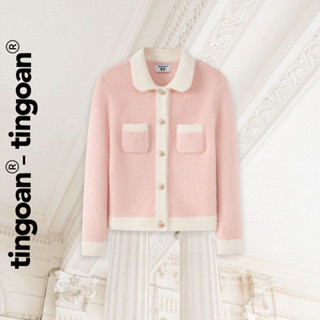 TINGOAN® - Áo len lông bông xù hồng phối viền trắng dáng lửng phối cúc kim loại ISABELLA TOP/PK