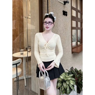  Áo Thun Gân Tăm Cổ Trái Tim Xoắn Ngực Kèm Dây Tay Dài Ống Loe Xinh Xắn TTMC0235 