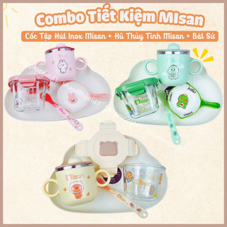 Combo ăn dặm tiết kiệm Misan gồm cốc tập hút bát, hũ thủy tinh chia vạch và bát sứ kèm thìa ăn dặm cho bé Shopmegold1