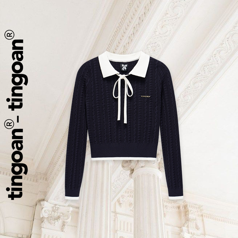 TINGOAN® - Áo len xù xanh than dáng lửng phối cổ bẻ dây nơ trắng HELLEN TOP DB  xanh than  
