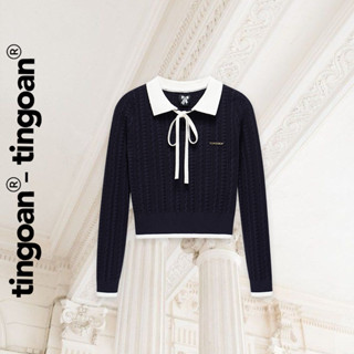 TINGOAN® - Áo len xù xanh than dáng lửng phối cổ bẻ dây nơ trắng HELEN TOP/DB (xanh than)