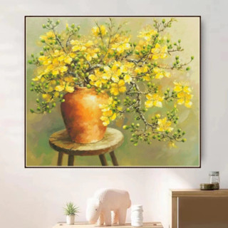 Tranh thêu kín bình hoa mai KT:70x60cm - 90x78cm, tranh chưa thêu