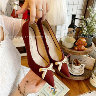 Giày Judy- Giày Cao Gót Xie Mũi Nhọn Phối Nơ Vàng 7p Xinh Xắn QCCC