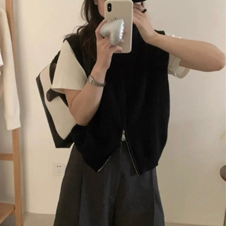 SẴN Áo len ghile cộc ngắn tay cổ có khoá kéo 2 chiều logo hàn quốc style dày dặn hothit ulzzang màu trơn