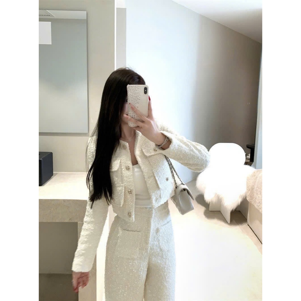  Set đồ nữ dáng dài Set đồ nữ dạ sweet áo dạ tay dài dáng croptop phối quần dạ ống suông tiểu thư sang chảnh 