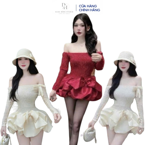 Đầm body dự tiệc tùng xoè màu đỏ kem đen DH STUDIO Váy hở lưng sexy cho nữ đi tiệc đi chơi sang chảnh