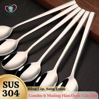   INOX 304  Bộ 6 Chiếc Muỗng Cơm Đầu Tròn Cán Dài Kiểu Hàn Quốc 