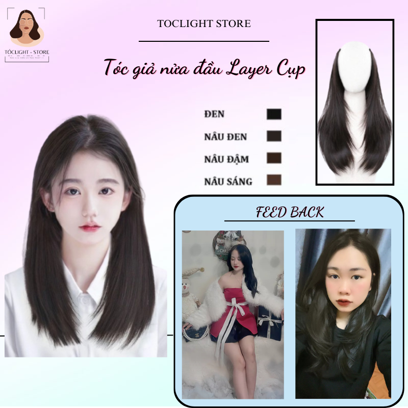 🔥(ĐI HỌC) Tóc giả ngắn ngang vai layer cụp dài 40cm, 55cm - Kẹp tóc giả nửa đầu làm dày tóc xoăn lay