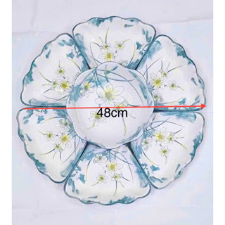 Bộ bát đĩa sứ  7 món mới Bộ bát đĩa hoa mặt trời, Sét đĩa mặt trời màu trắng viền đen size 48cm