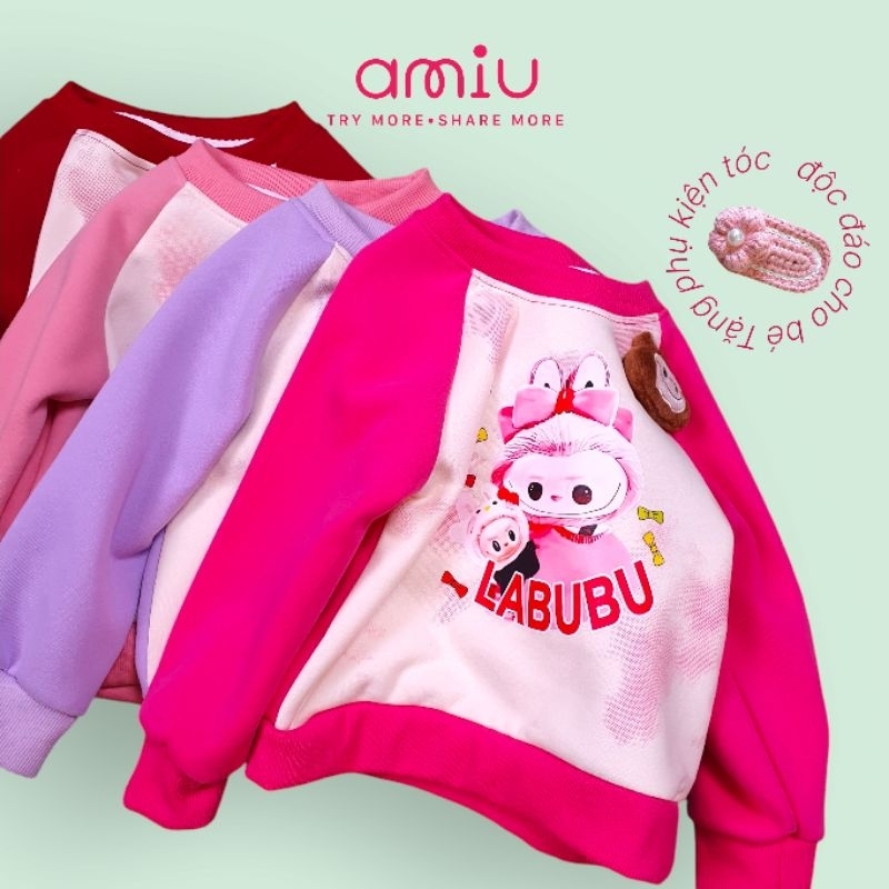 Set váy nỉ labubu cho bé gái - bộ váy nỉ hai da họa tiết labubu mùa thu đông cho bé gái [size 80 - 1