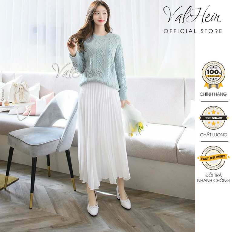 Chân Váy Dài Xếp Ly Trắng ValHein Eo Co Giãn Thoải Mái Freesize Chân Váy Dài Siêu Đẹp