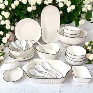  Bộ Bát Đĩa Sứ   lẻ tô bát đĩa Gốm Cao Cấp Trắng Viền Đen Men Sáng Mịn 