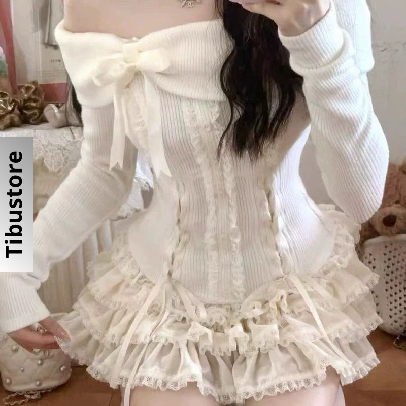  Set Áo Trễ Vai Tay Dài Đính Nơ Bèo Ren Phối Chân Váy Voan Xoè Tầng TIBU Set Đồ Nữ Tiểu Thư Sang Chảnh Đi Chơi Tiệc B271 