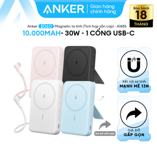 Sạc dự phòng từ tính Anker Zolo 10.000mAh 1 cổng USB-C (tích hợp sẵn cáp)+ Sạc không dây chuẩn Qi, Tối đa 30W- A1685