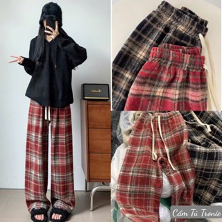 Quần ống rộng KẺ CARO xuất hàn lưng cao cạp chun dây rút dáng xuông dài Quần culottes ống suông co dãn vải mềm