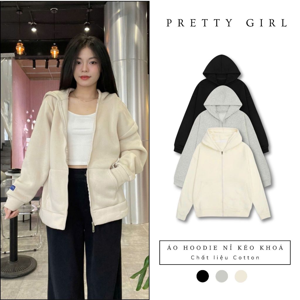 Áo hoodie nỉ Hiyou 3 màu: đen, xám tiêu, kem.