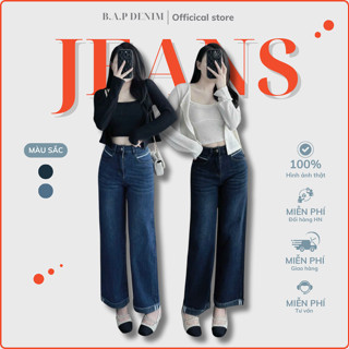 [Xuông nấm lùn 93cm] Quần bò suông nữ BAP, quần jean ống rộng cạp cao trơn phối dây viền túi đồng hồ 906#