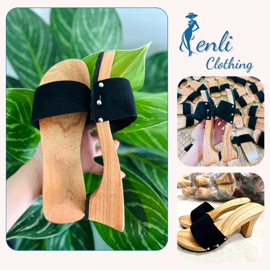 Guốc gỗ nữ, Guốc mộc quai ngang đen truyền thống đế 5 phân,8 phân tăng chiều cao