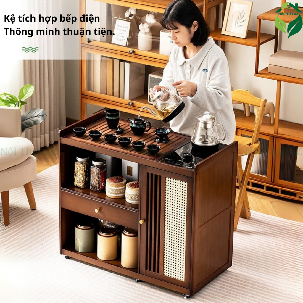  Bàn trà di động bàn trà nhỏ ấm đun nước tủ trà tích hợp gia đình bàn cà phê gỗ nguyên khối xe đẩy trà - Nội thất AZ 