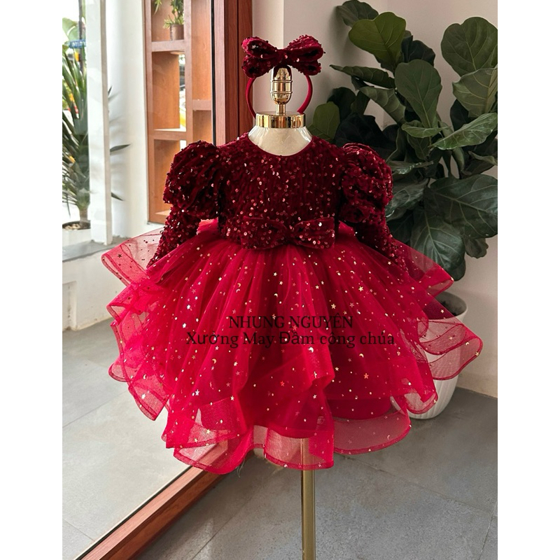 Váy CC Nhung kim sa 2 tầng Đầm Công Chúa Cho Bé Gái Cao Cấp tặng Kèm Cài Đầu Cute