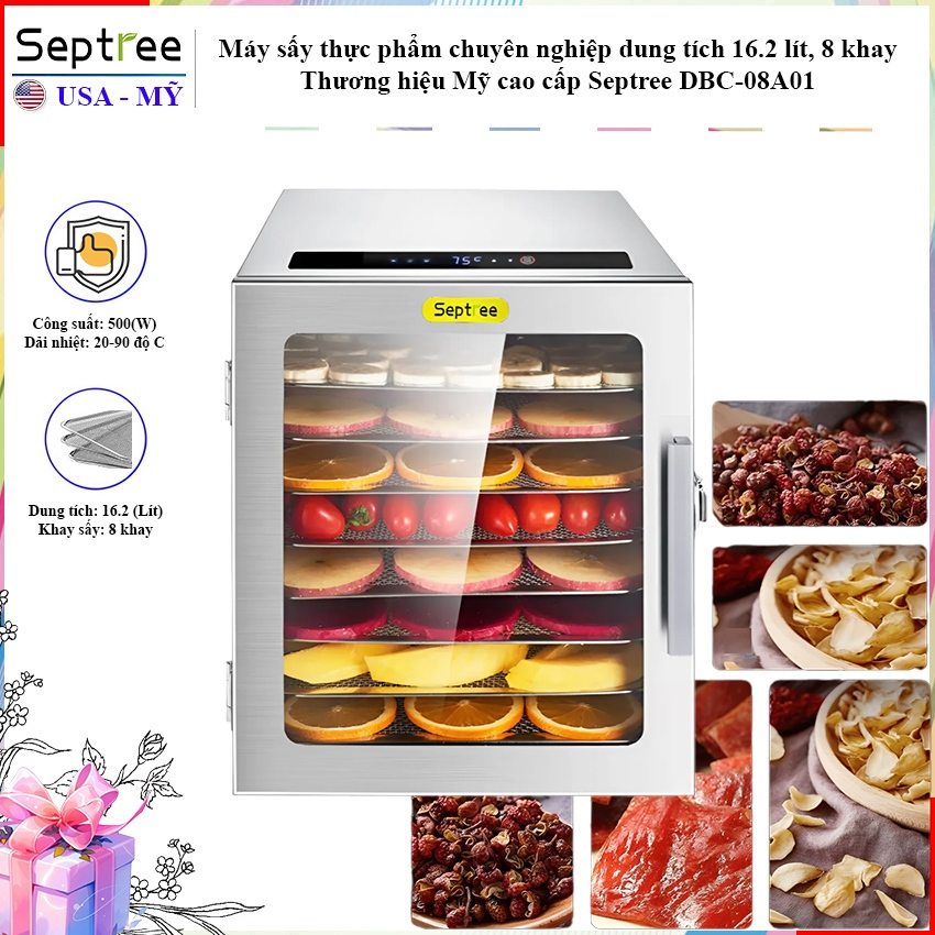 Máy sấy thực phẩm dung tích 16.2 Lít, 8 khay INOX Septree DBC-08A01 Thương hiệu Mỹ - HÀNG CHÍNH HÃNG