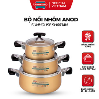 Bộ 3 Nồi Nhôm Anod Sunhouse SH6634N Màu Vàng, Đường Kính 16, 20, 24 cm Không Dùng Trên Bếp Từ SH6634