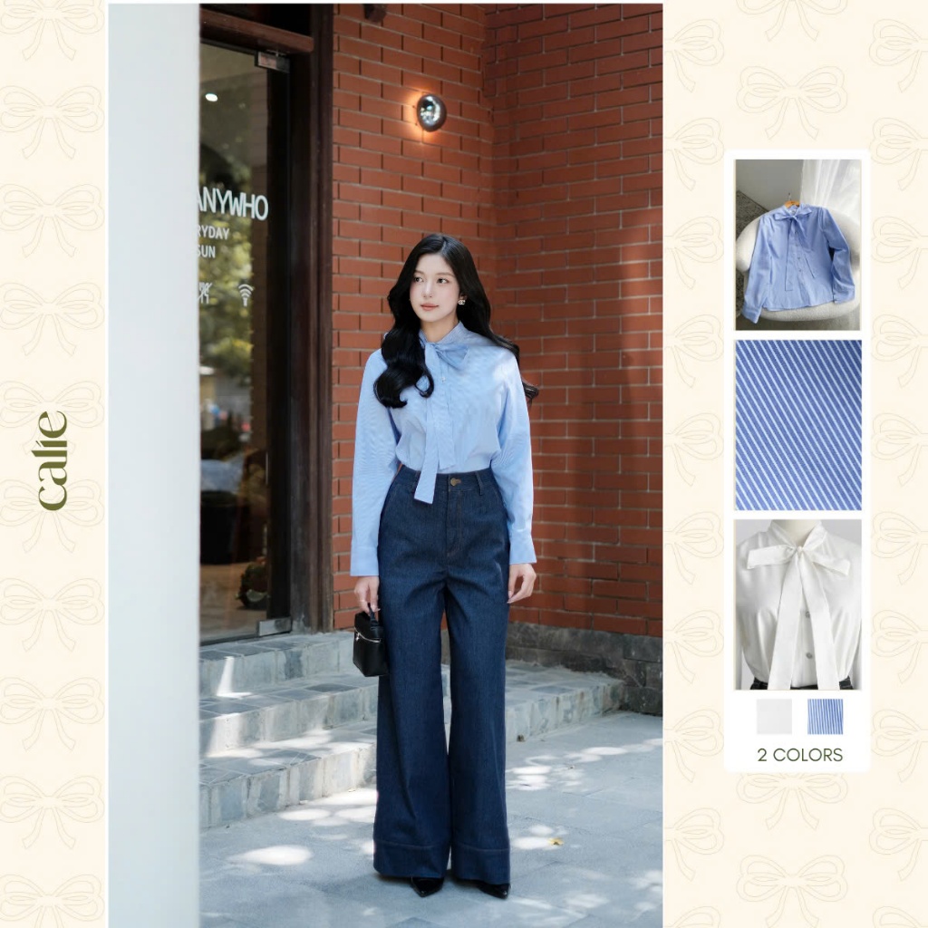 Aó sơ mi kẻ cách điệu cổ nơ kẻ xanh thời trang nữ công sở thiết kế Calie - AC430