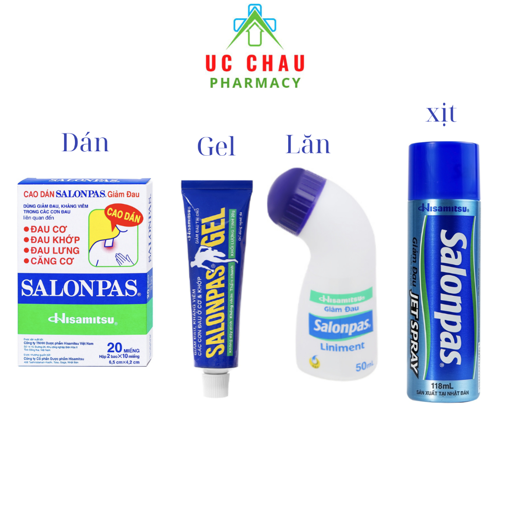 Salonpas Giảm đau nhanh và hiệu quả Salonpas Dán, Lăn, Gel, Xit