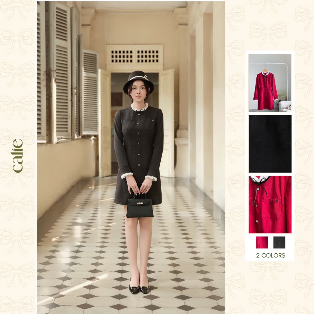 Đầm liền dáng A phối ren đính nơ thời trang thiết kế thương hiệu Calie house VA444