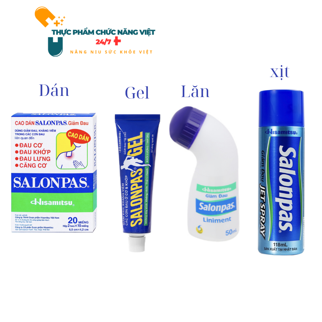 Salonpas giảm đau nhanh và hiệu quả, Salonpas dán, gel, lăn, Xịt.